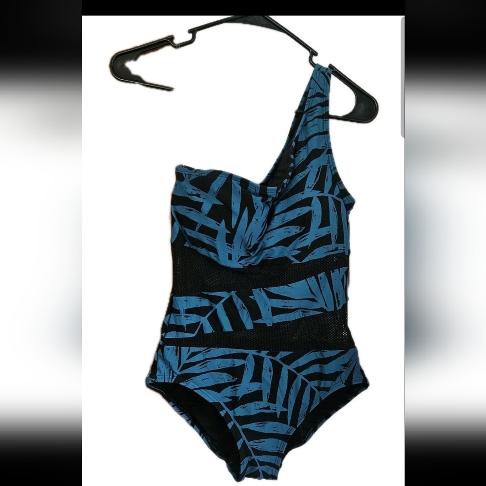 NWT Carmen Marc Valvo One-Piece Swimsuit | Blue Tropical Palm Leaf & Mesh